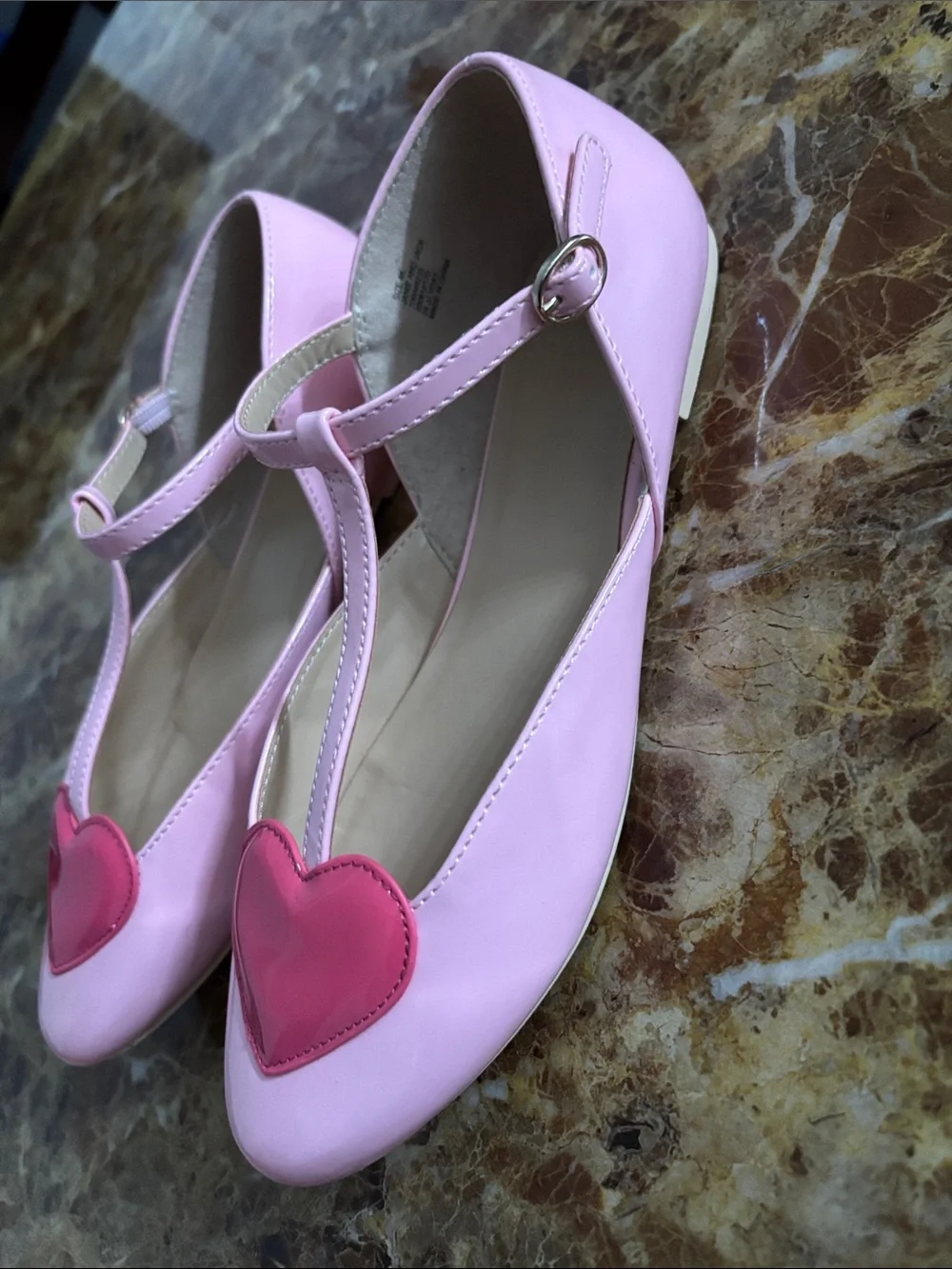 Janie and Jack Pink Patent T-Strap Flats with Hot Pink Heart, size 4y